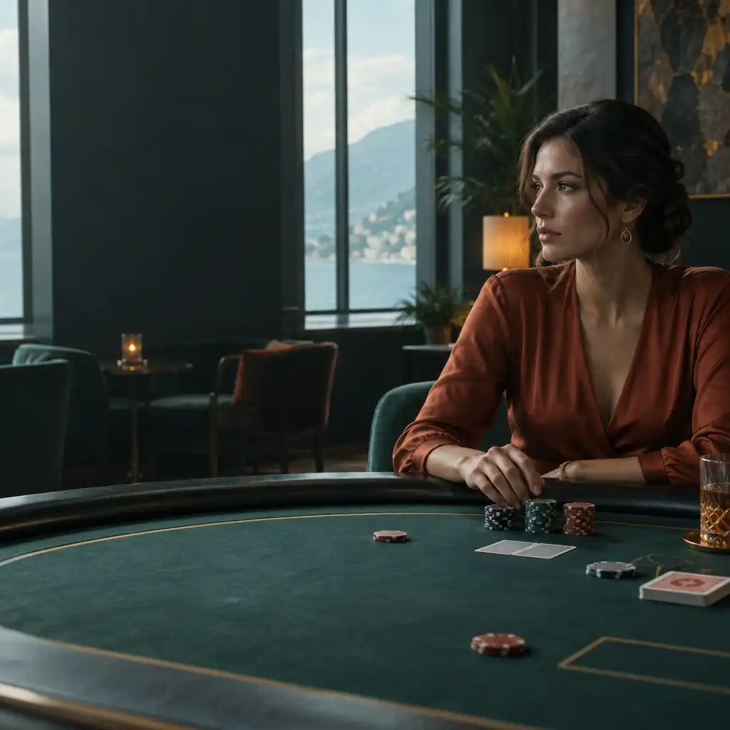 An adult figure seated at a dim casino table, hands held near cards beneath daylight from tall windows.