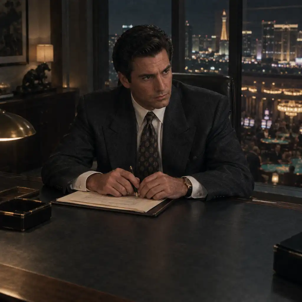 Robert De Niro as Sam Ace Rothstein seated at a desk in Casino