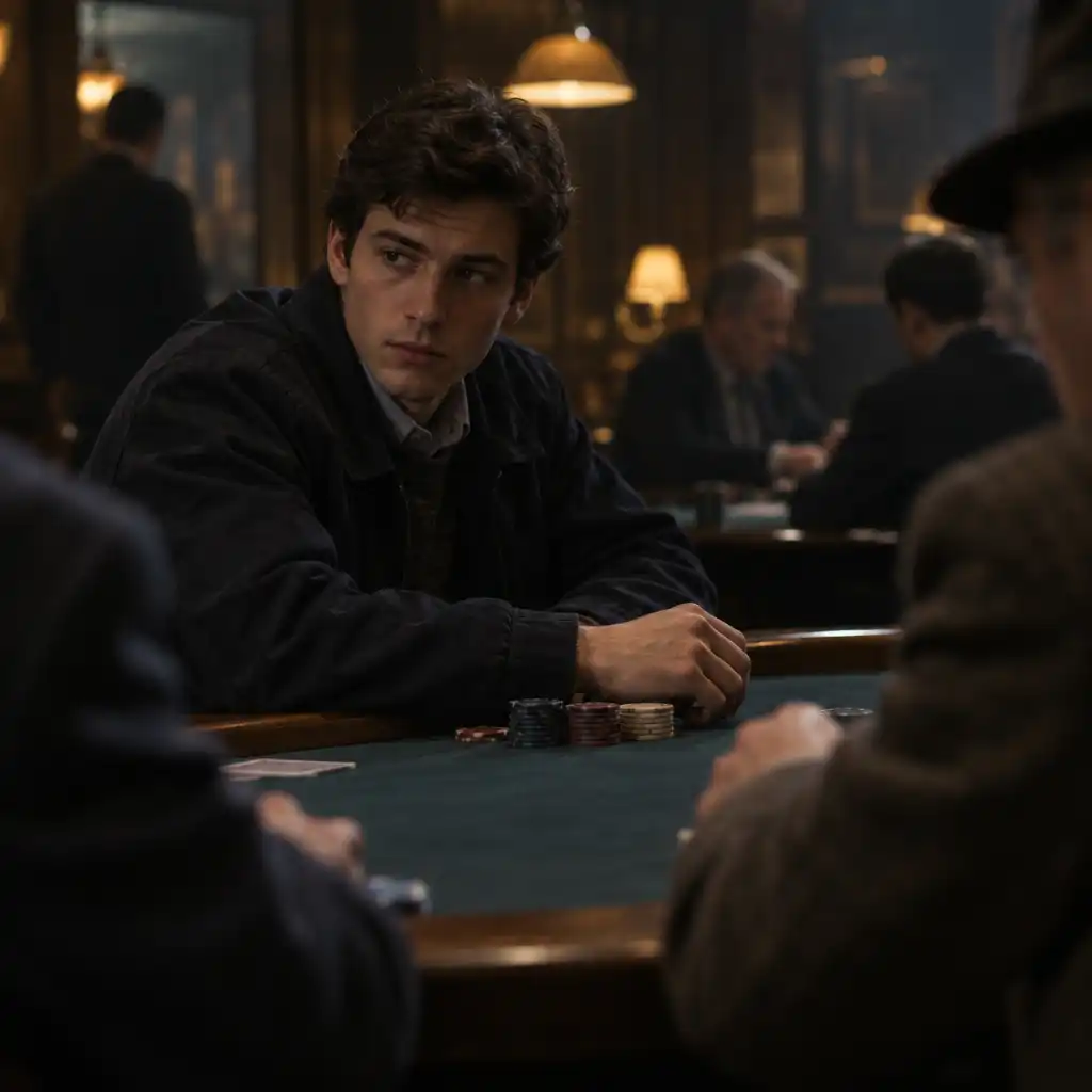 Matt Damon as Mike McDermott seated in a dim card-room setting in Rounders