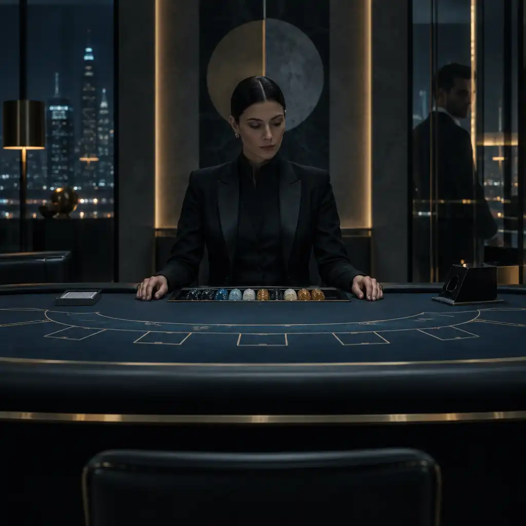 A composed dark-clothed figure behind a precisely ordered table, with another figure partly reflected in a polished surface