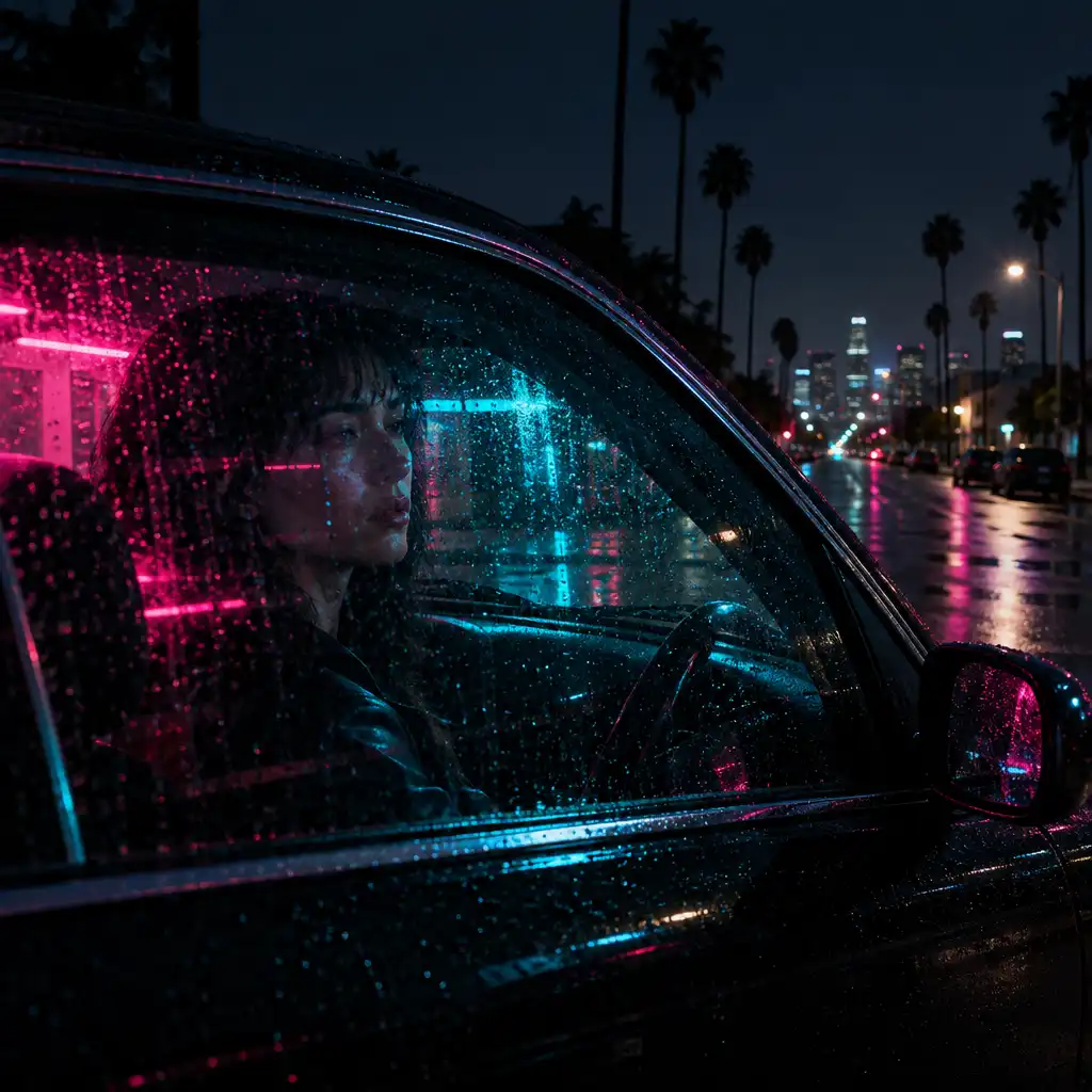 A solitary driver seen through a rain-speckled side window, lit by pink and cyan street signage.