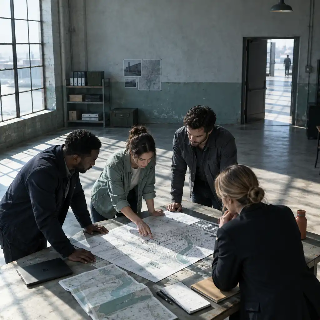 A small group of adults studying a paper plan around a worktable in a sunlit industrial room.