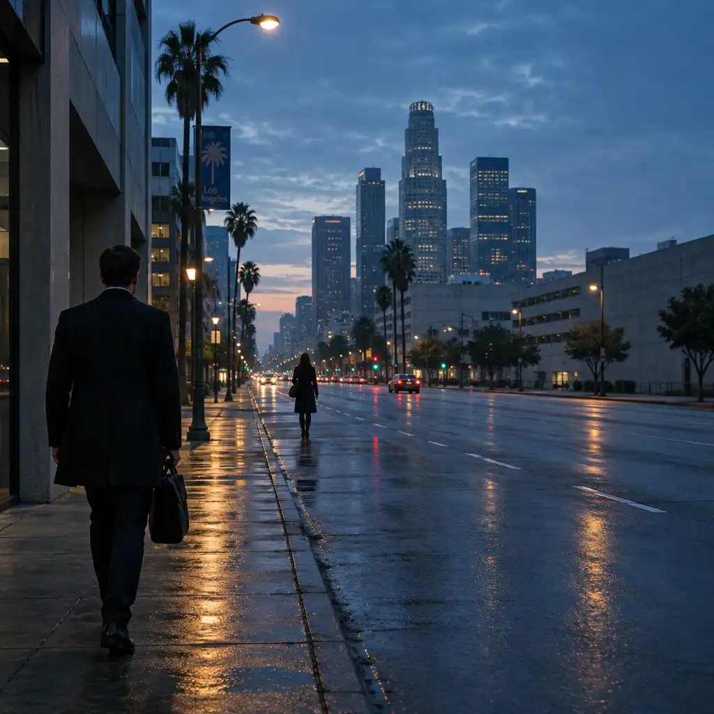 Two distant figures separated by a broad city street at blue hour, with concrete facades and a long vanishing line.