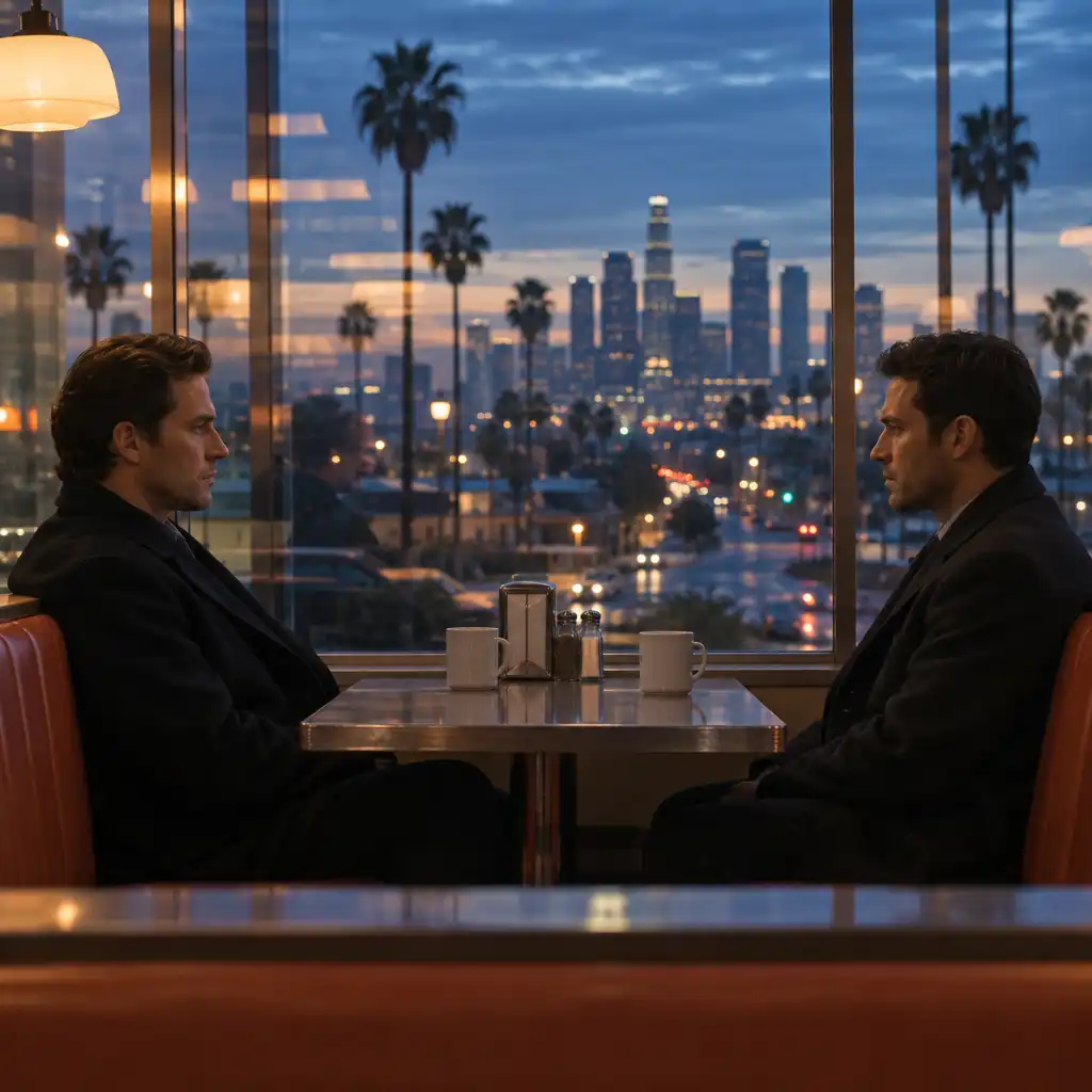Two anonymous men seated apart in a glass-walled diner at blue hour, divided by reflections and a narrow table.