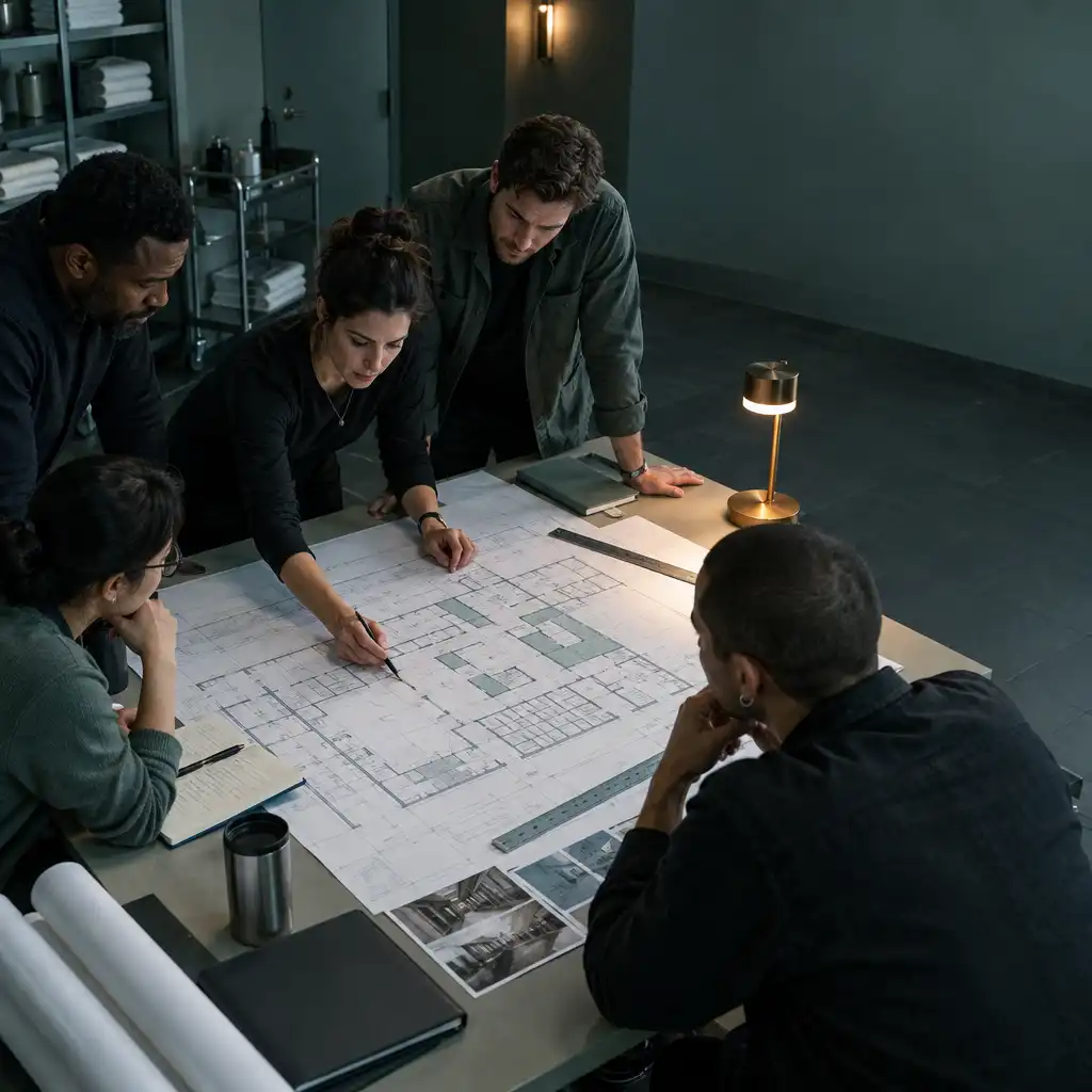 A small ensemble gathered around an architectural plan under practical task lighting.