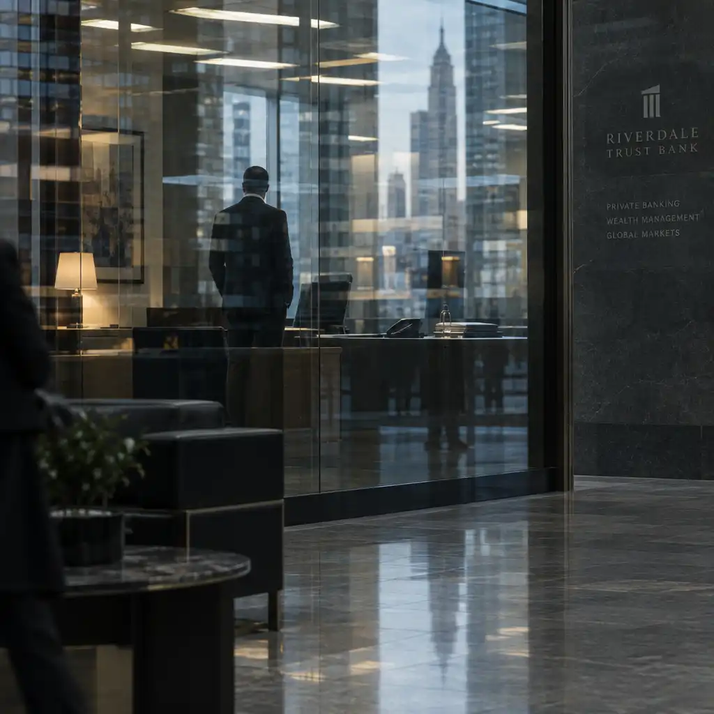 An anonymous suited figure seen through a glass partition in a city lobby.