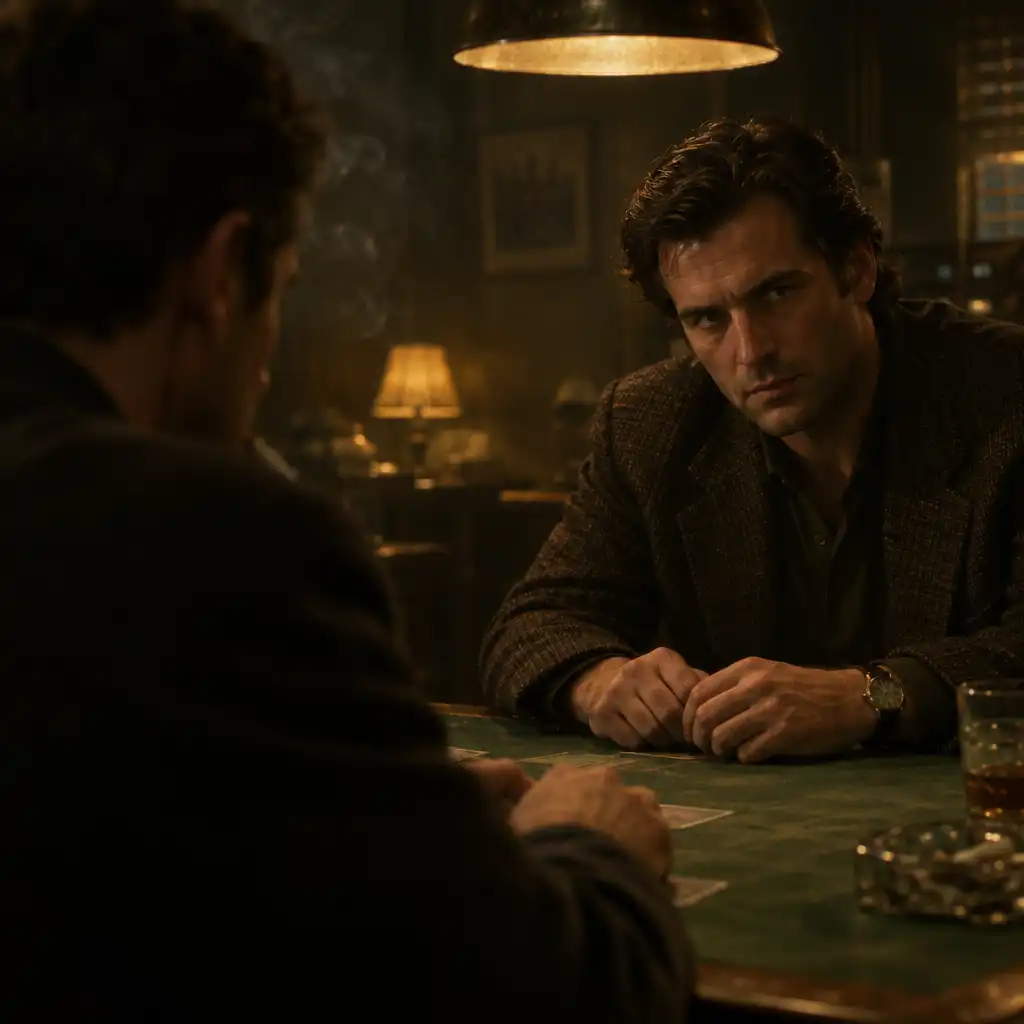 Two men opposite one another at a worn felt table, one face sharply focused across a shadowed foreground shoulder