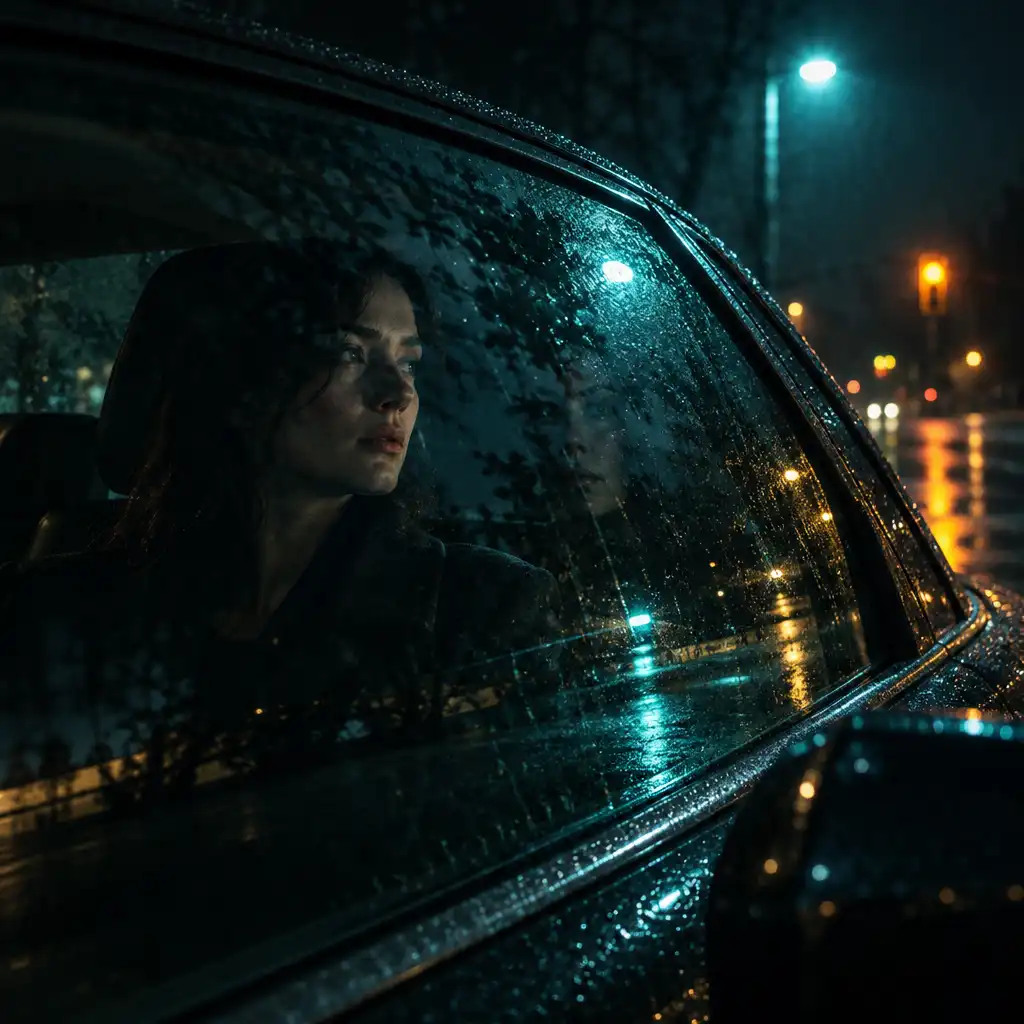 An anonymous driver seen through wet passenger-side glass, with a partial reflection and cyan and amber streetlight.